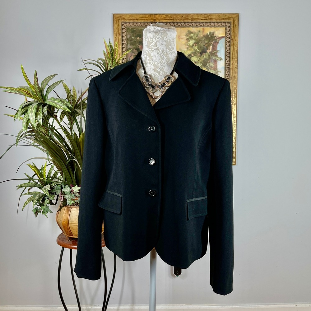 Ellen Tracy Blazer Women 16 Black Triacetate Blend Collared Button Front Jacket